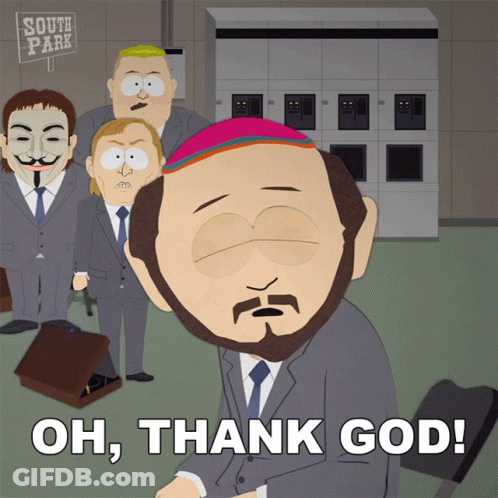 A South Park Cartoon Shows A Man With A Beard Saying " Oh Thank God " GIF