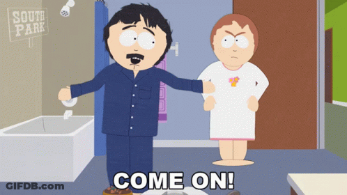 A South Park Cartoon Shows Randy And A Girl Standing In A Bathroom GIF