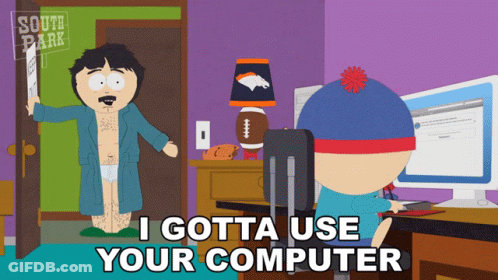 A South Park Cartoon Shows Randy Standing Next To Stanley Using A Computer GIF