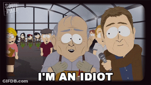 A South Park Cartoon With A Man Holding A Microphone And The Words I 'M An Idiot GIF