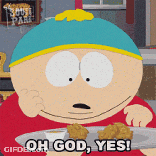 A South Park Character Is Holding A Plate Of Food And Says Oh God Yes GIF