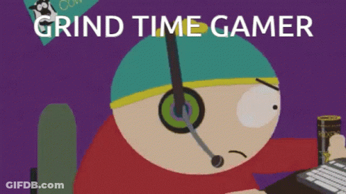 A South Park Character Is Sitting At A Desk With The Words Grind Time Gamer Written Below Him GIF