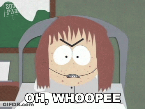 A South Park Character Says Oh Whoopee While Sitting At A Desk GIF
