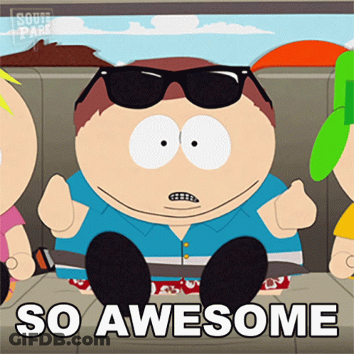 A South Park Character Wearing Sunglasses Is Sitting In The Back Seat Of A Car And Says So Awesome GIF