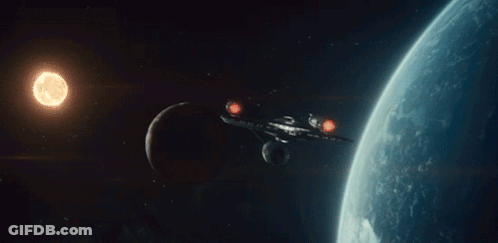 A Space Ship Is Flying Around A Planet With A Sun In The Background GIF