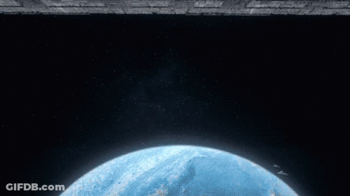 A Space Ship Is Flying Over A Blue Planet In The Night Sky GIF