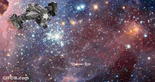 A Space Ship Is Flying Through A Galaxy With The Words " Redhimes Tower " Written Below It GIF