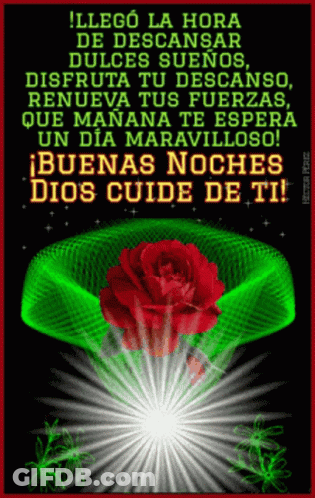 A Spanish Greeting Card With A Red Rose And A Green Ribbon GIF