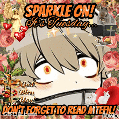 A Sparkle On It 'S Tuesday Greeting Card With A Rabbit And Flowers GIF