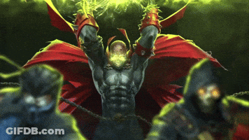 A Spawn Comic Book Character Is Surrounded By Two Skeletons GIF