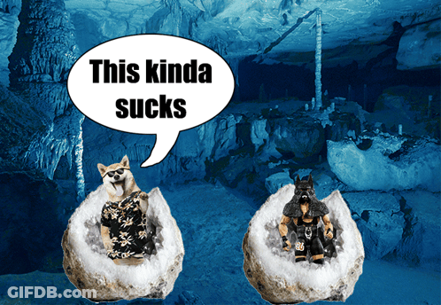 A Speech Bubble Says This Kinda Sucks In Front Of A Cave Scene GIF