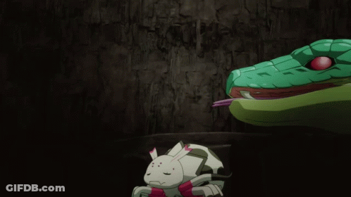 A Spider And A Green Snake With Pink Eyes GIF