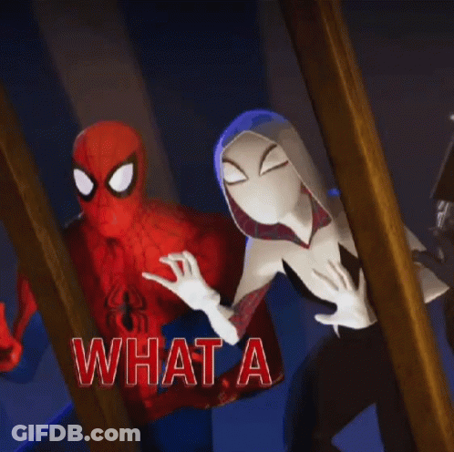 A Spider Man And A Ghost Spider Are Standing Next To Each Other And The Words What A Pig Are On The Bottom GIF