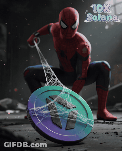 A Spider Man Holding A Coin In Front Of A Sign That Says ' 1Dx Solana ' GIF