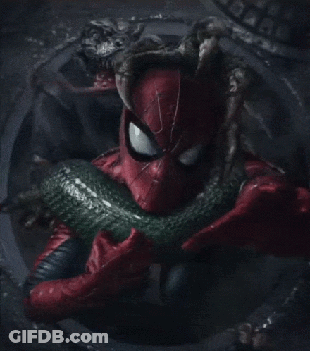A Spider Man Holding A Green Snake In His Hands GIF
