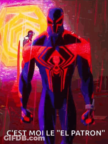A Spider-Man In A Purple And Red Suit Is Standing In A Room With A Sword In His Hand . GIF