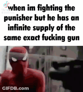 A Spider Man Is Fighting A Punisher But He Has An Infinite Supply Of The Same Exact Fucking Gun . GIF