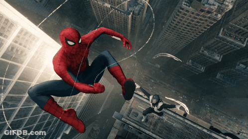 A Spider Man Is Flying Through The Air While Another Spider Man Is Standing On A Ledge GIF