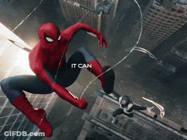 A Spider-Man Is Flying Through The Air With The Words " It Can " Above Him GIF