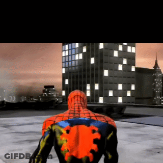 A Spider Man Is Standing In Front Of A City Skyline At Night GIF