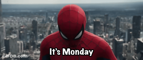 A Spider Man Says It 'S Monday In Front Of A City Skyline . GIF