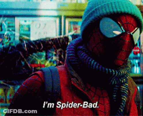 A Spider-Man Wearing A Hat And Scarf Is Saying I 'M Spider-Bad GIF