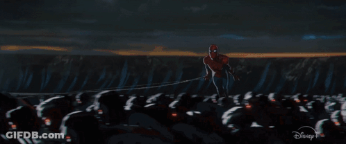 A Spiderman Is Flying Through The Air With A Disney + Logo In The Background . GIF