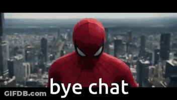 A Spiderman Is Standing In Front Of A City With The Words Bye Chat Written Below Him . GIF