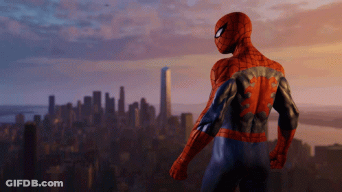 A Spiderman Standing In Front Of A City Skyline GIF