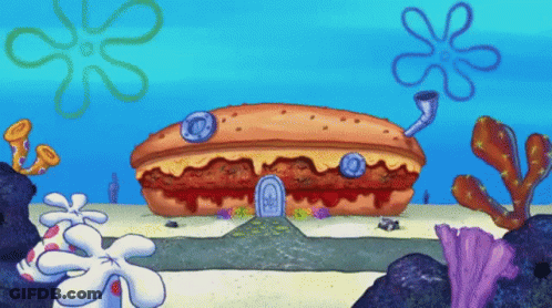 A Spongebob Cartoon Scene With A Large Hamburger House GIF