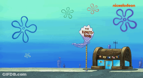 A Spongebob Cartoon With A Sign That Says The Krusty Krab GIF