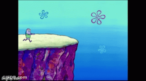 A Spongebob Character Is Standing On The Edge Of A Cliff Overlooking The Ocean . GIF