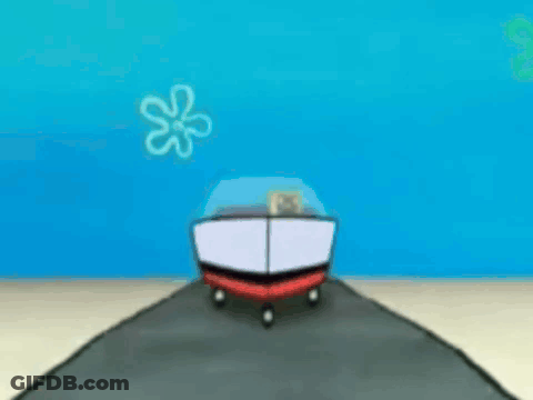 A Spongebob Squarepants Boat Is Driving Down A Beach GIF