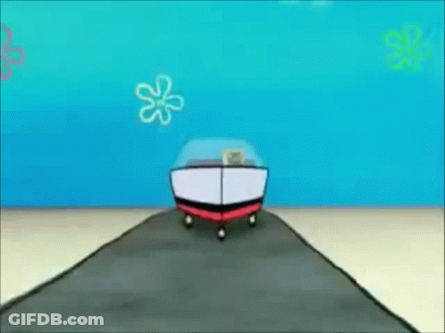 A Spongebob Squarepants Boat Is Driving Down A Road Next To A Cliff . GIF