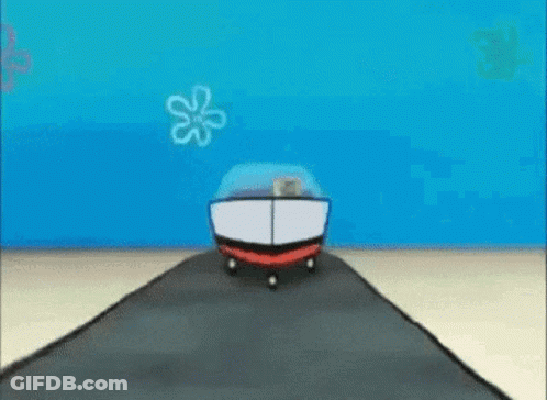 A Spongebob Squarepants Car Is Driving Down A Road In The Ocean . GIF