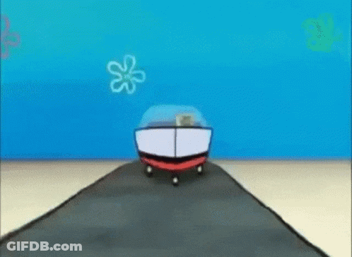 A Spongebob Squarepants Cartoon Character Is Driving A Car Down A Road . GIF