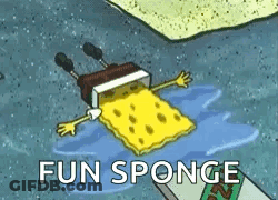 A Spongebob Squarepants Cartoon Character Is Laying In The Water With The Words `` Fun Sponge '' Written Below Him . GIF