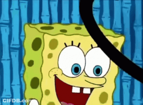 A Spongebob Squarepants Cartoon Character Is Smiling And Holding A Black Hose GIF