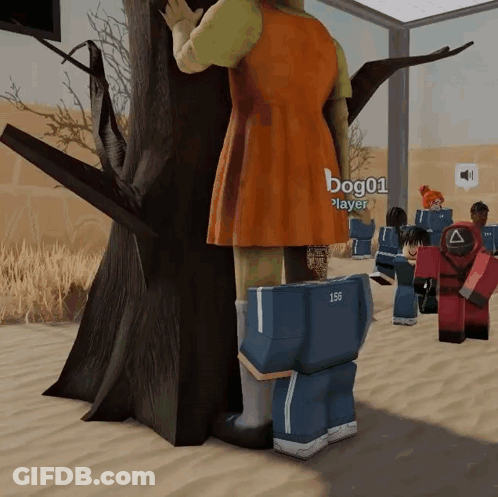 A Squid Game Character Is Standing Next To A Tree In A Video Game .. GIF