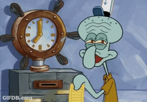 A Squidward From Spongebob Squarepants Is Standing Next To A Clock GIF