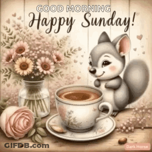 A Squirrel Is Sitting Next To A Cup Of Coffee And Flowers On A Wooden Table . GIF