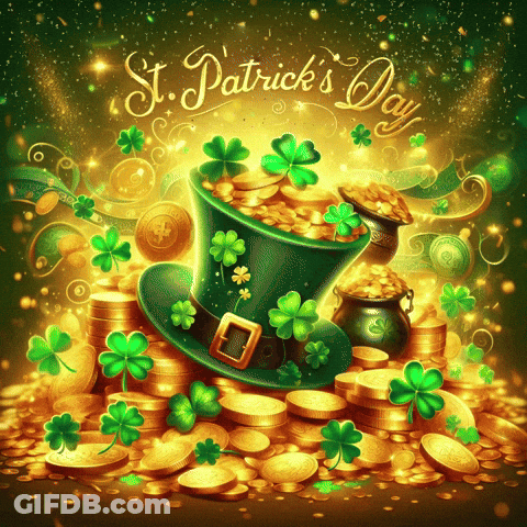 A St. Patrick 'S Day Greeting Card With A Leprechaun 'S Hat Filled With Gold Coins GIF