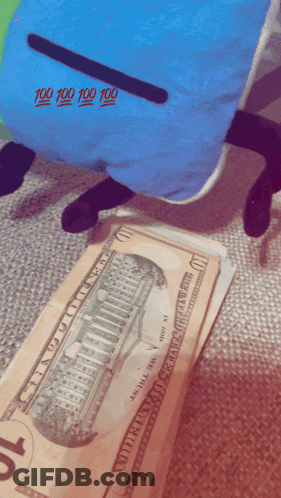A Stack Of 10 Dollar Bills Next To A Blue Pillow With 100 100 100 100 Written On It GIF