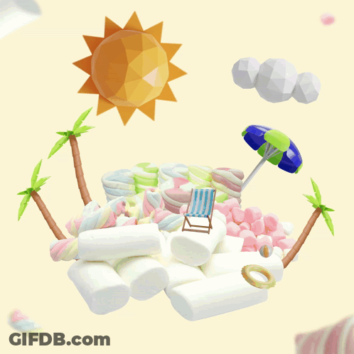 A Stack Of Marshmallows With Palm Trees And A Chair GIF
