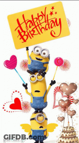 A Stack Of Minions Holding Up A Yellow Sign That Says Happy Birthday GIF