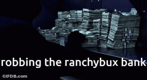 A Stack Of Money On A Shelf With The Words Robbing The Ranchybux Bank Below It GIF
