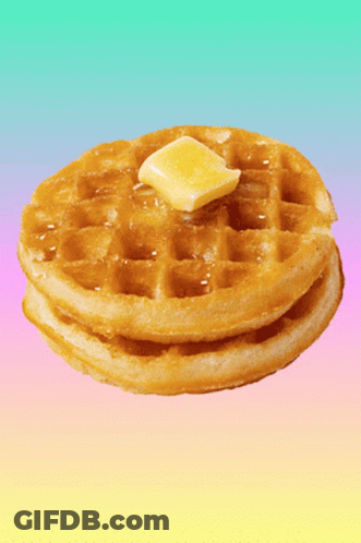 A Stack Of Waffles With Syrup And Butter On A Colorful Background GIF
