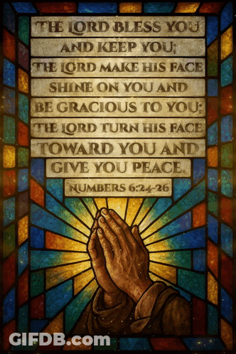 A Stained Glass Painting Of A Man Praying With The Words " The Lord Bless You And Keep You " GIF