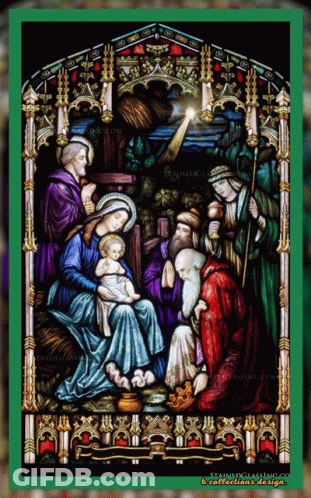A Stained Glass Painting Of A Nativity Scene With A Green Background GIF