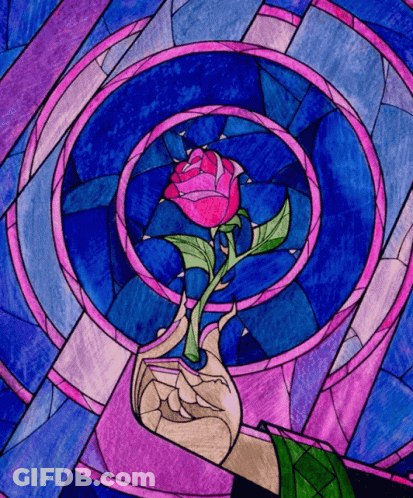 A Stained Glass Painting Of A Woman Holding A Rose GIF